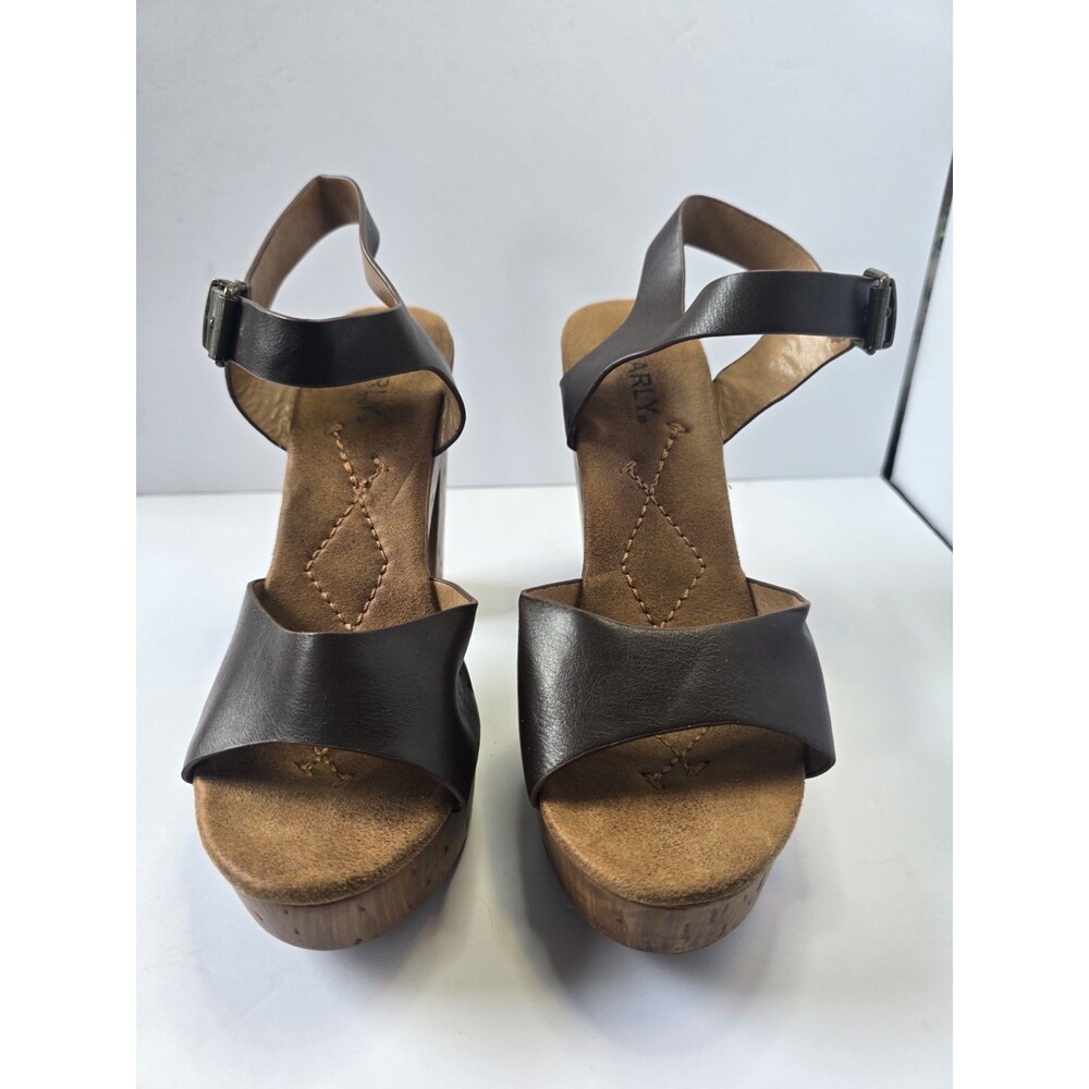CHARLY Women's EU 37 Brown Platform Sandals Ankle Strap Block Heel Wood Look.